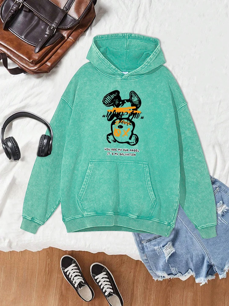 

Interesting Inverted Teddy Bear Print Washed Hoodie Women Cotton Comfortable Hooded Autumn Basic Hoodies Warm Distressed Tops