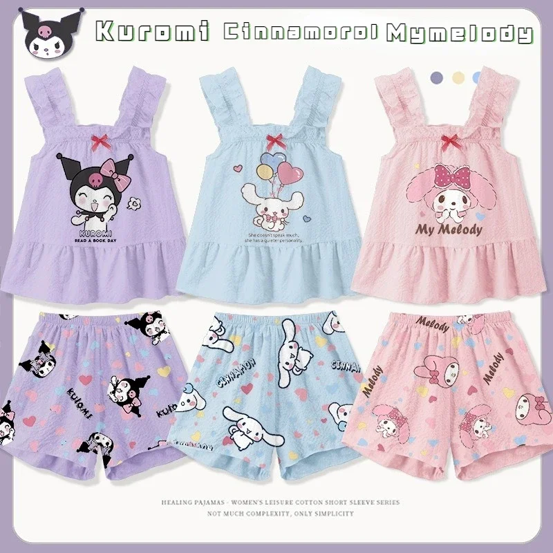 Sanrios kawaii Pajamas Summer Sling Home Suit Baby Tank Top Shorts Cartoon Kuromi MymelodyCinnamoroll Close Fitting cute Comfort