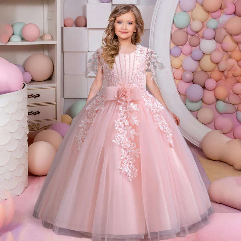 Girl\'s Flower Bow Princess Dress 4-12 Years Old Fashionable Embroidered Lace Long Mesh Dress Carnival Birthday Performance Dress