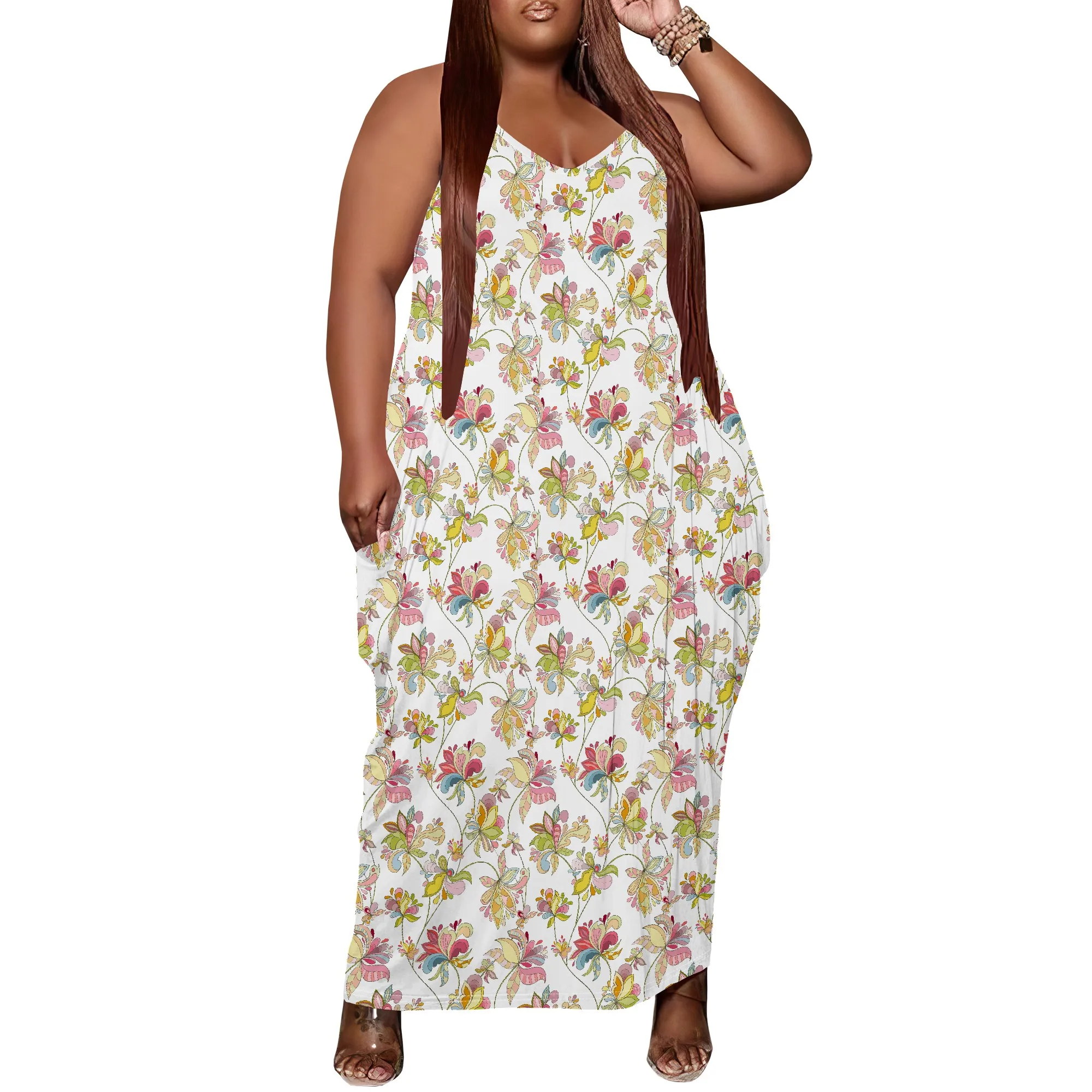 

Women Plus Size Dress Floral Print Loose Halter Long Dress with Pocket Graceful Cottagecore XL-6XL