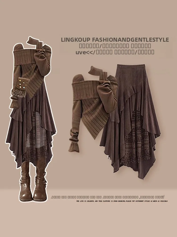 

Fall Design Large Size Knitted Sweater Set Women Pure Desire Asymmetrical Skirt Two-Piece Suit Casual Fashion Ensemble