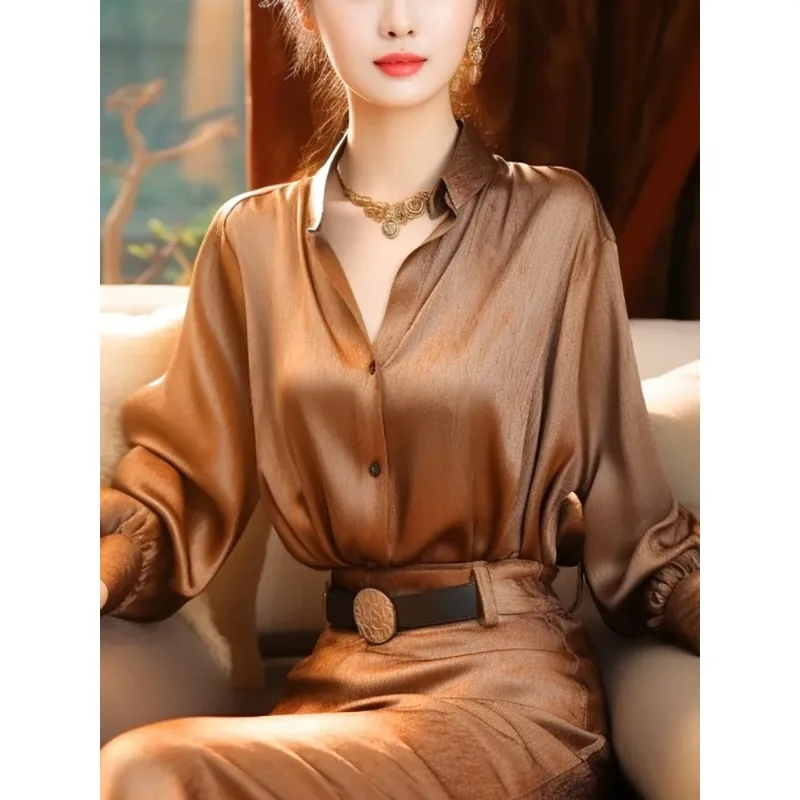 

Women's Bronze Satin Long-Sleeve Blouse Skirt 2-Piece Set with Decorative Belt