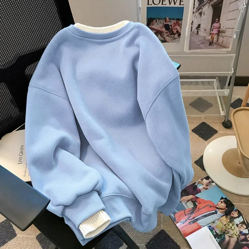 2025 Autumn Winter New Women's Plush Thickened Round Neck Sweater Women's Fake Two Piece Long Sleeve Temperament Y2k Loose Tops