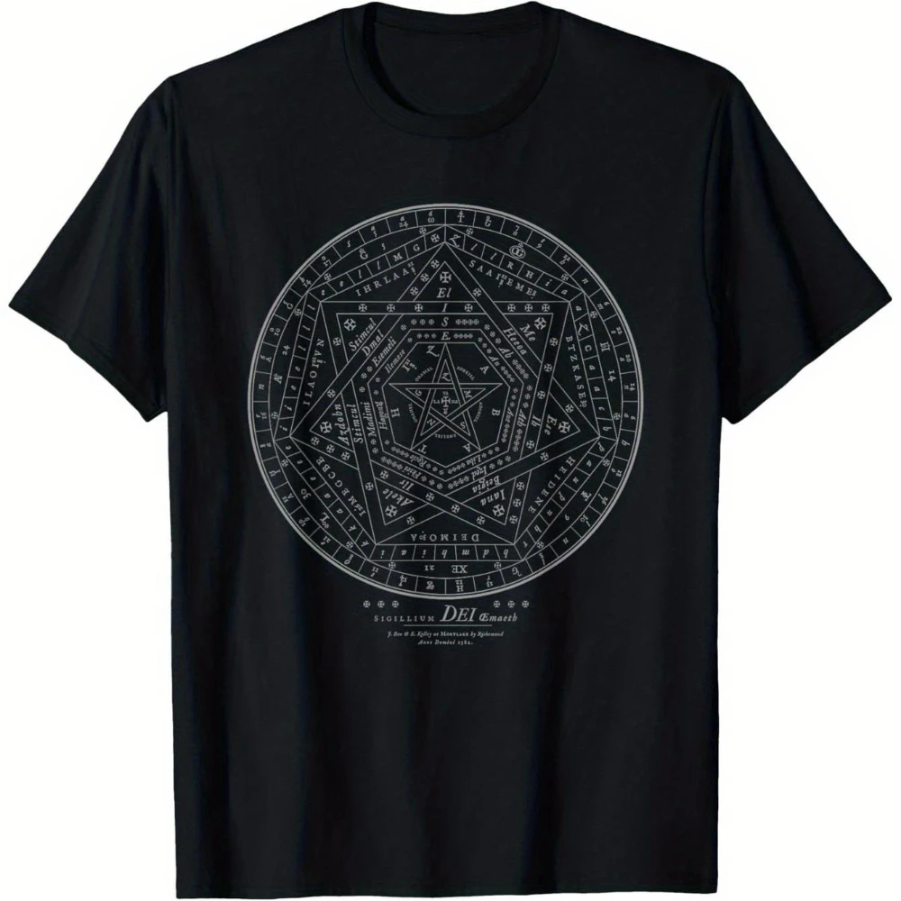Camiseta Masculina com Sigilo Oculto 100% Algodão Macio e Respirável Preta com Sigillum Dei Aemeth Gótico Camisetas Masculinas Pretas para o Verão