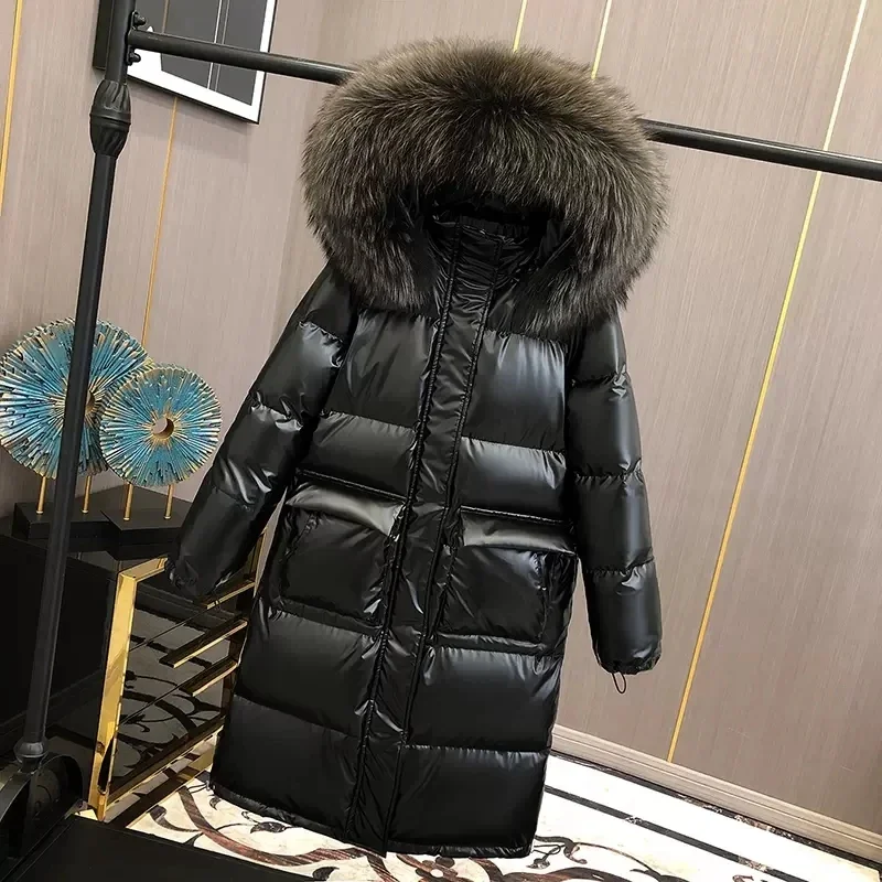 Brand Luxury Big Fox fur collar Glossy Down Jacket Women 2024 Winter New Female White duck down Coat Warm Hooded Parkas Overcoat