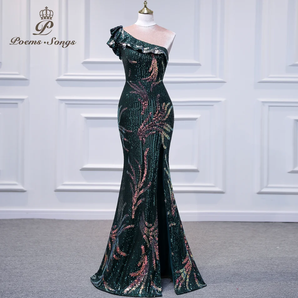 

New one shoulder dark green sexy mermaid evening dresses vestidos de fiesta robe de soiree de mariage prom dresses party dress