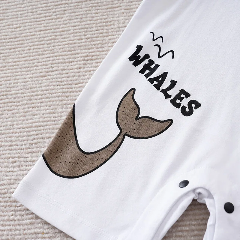 Newborn Boy And Girl Jumpsuit Cute Cartoon Animal Whale Casual Fake Shoulder Strap Coffee Colored Summer Short Sleeved Jumpsuit