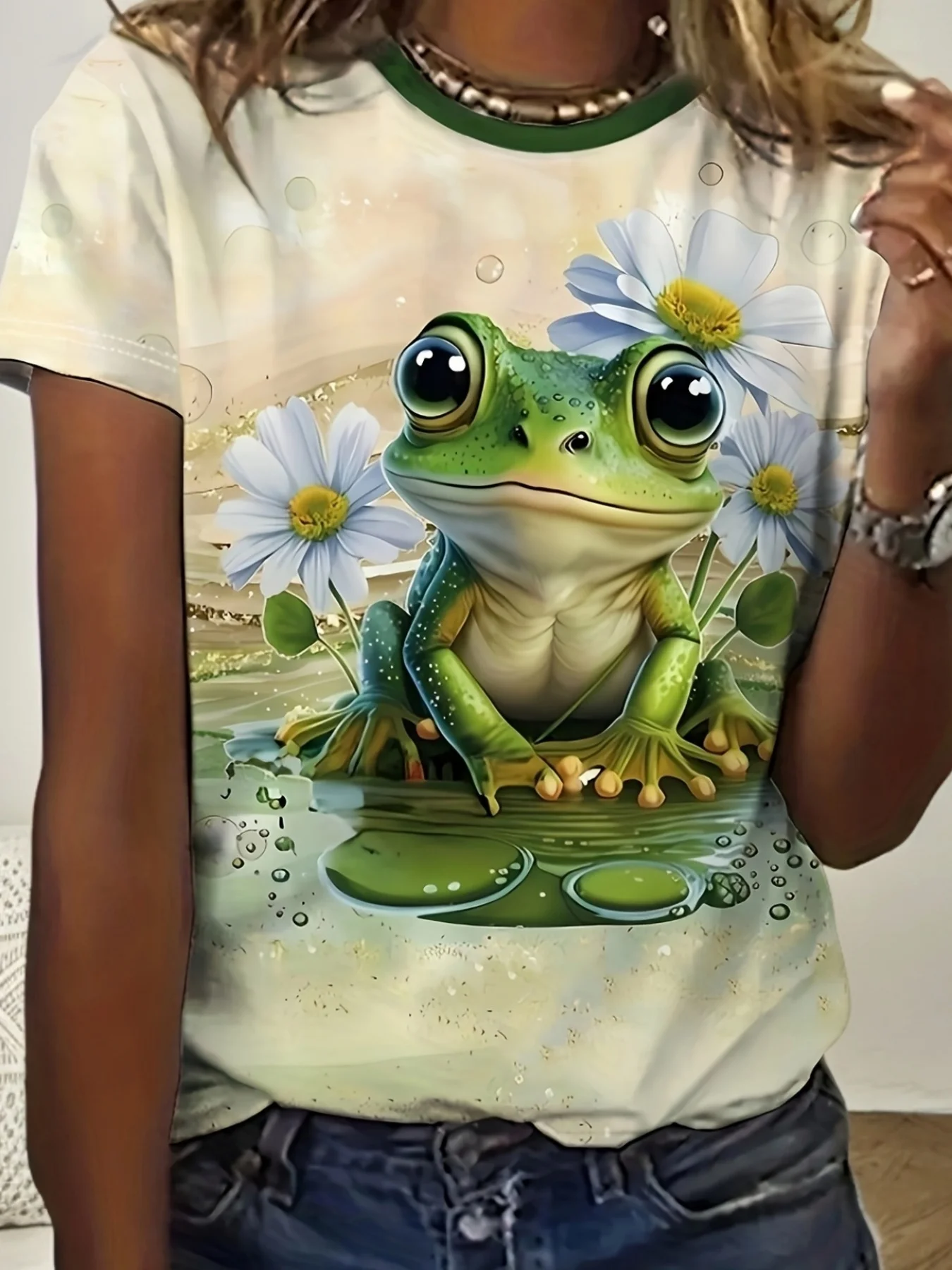 Women Short Sleeve Ringer T‑Shirt Cute Frog Daisy Water Lily Print Contrast Collar Loose Casual Summer Tops