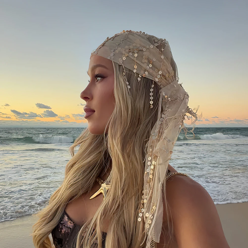 Belly Dance Hip Scarf Fashion sequin Triangle Headscarf Waist Chain Tassel Dance Belt Beach Hair Scarf Performance Costume