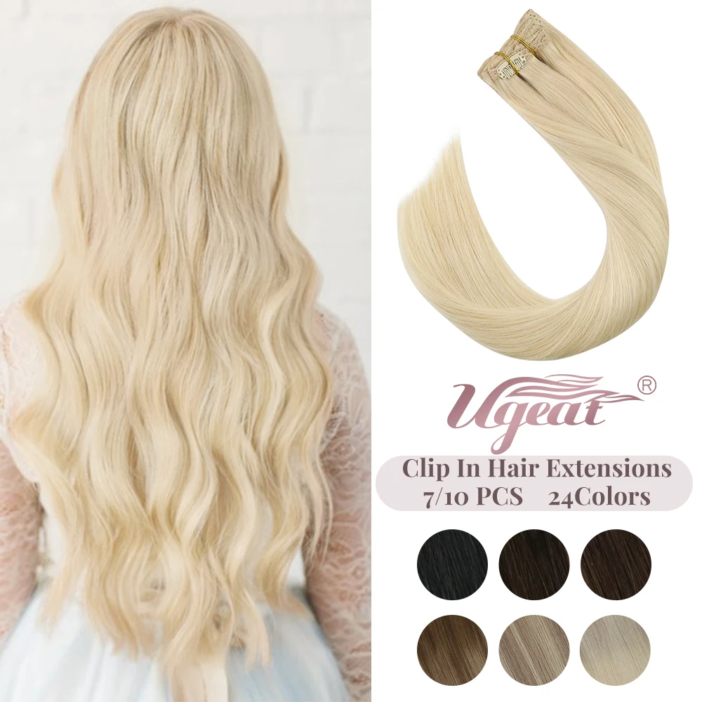 Ugeat Hair Extensions Clip in Human Hair 7PCS Straight Clip in Human Hair Extensions Pure Color Clip in Hair Extension for Women