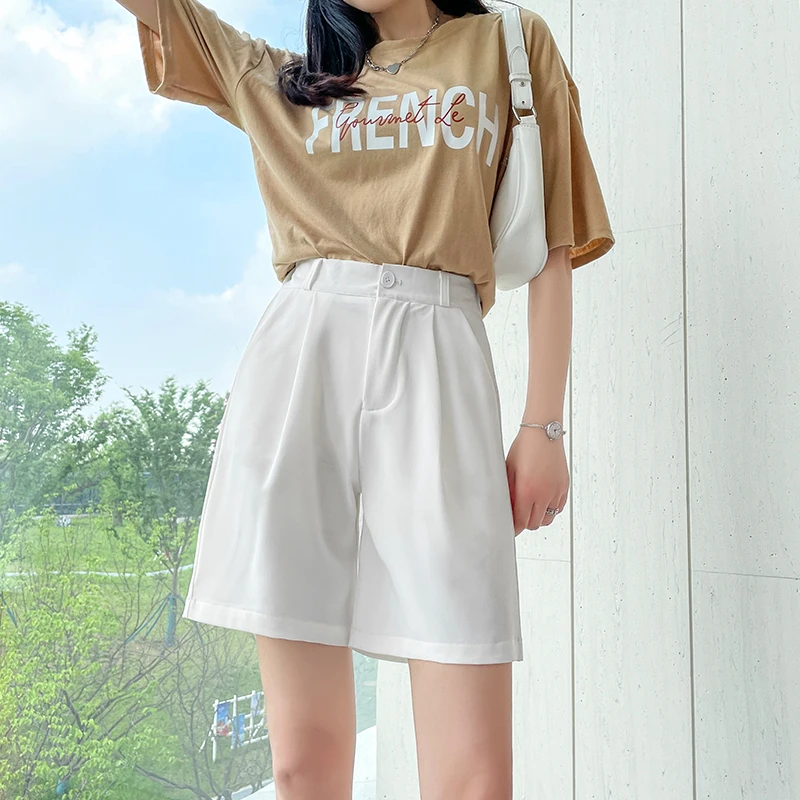 Simplicity Commute Summer Women's Solid Color High Waist Pockets Suit Pants Fashion Versatile Loose Straight Knee Length Shorts