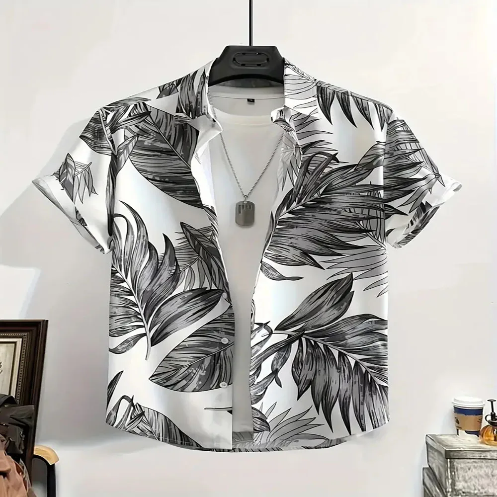 

2024 Summer Men's casual Shirt Plant print advanced quick drying short sleeve loose breathable button down shirt Holiday shirt