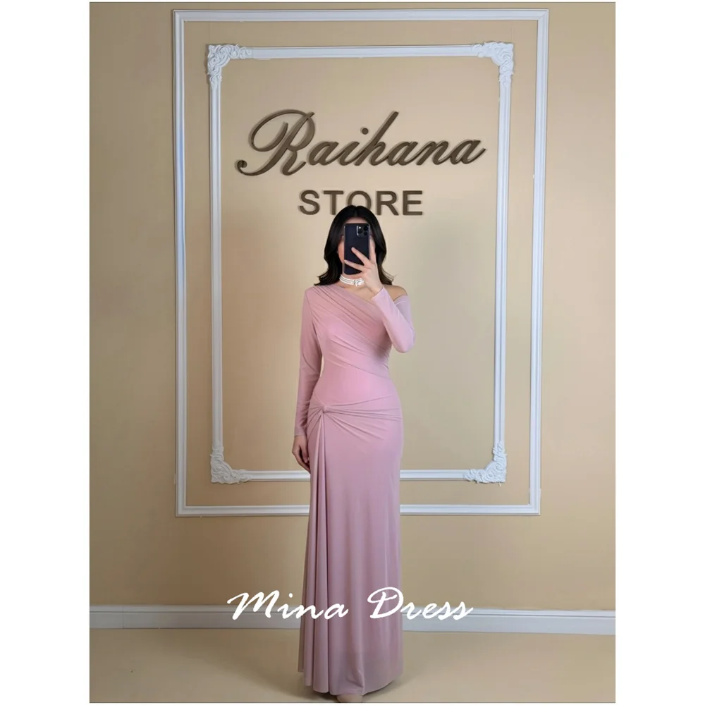 Mina Customized Slant Shoulder Evening Dress Luxury Elegant Womens Party Dresses for Special Occasions Long Sleeves Folds Woman