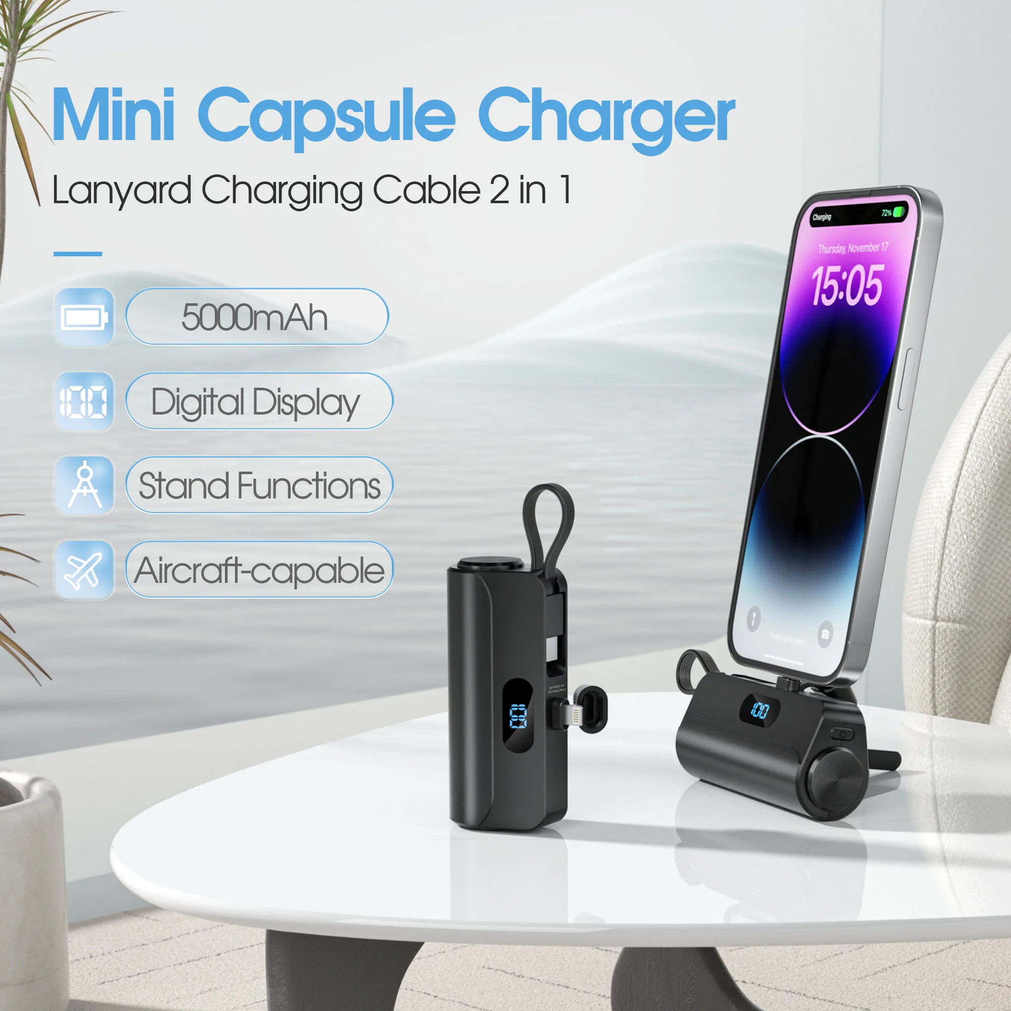حزمة بطارية شاحن محمول صغير بقوة 5000 مللي أمبير في الساعة، واجهة ioS مدمجة وكابل USB-C طاقة محمولة للهاتف الخلوي، شاشة LED