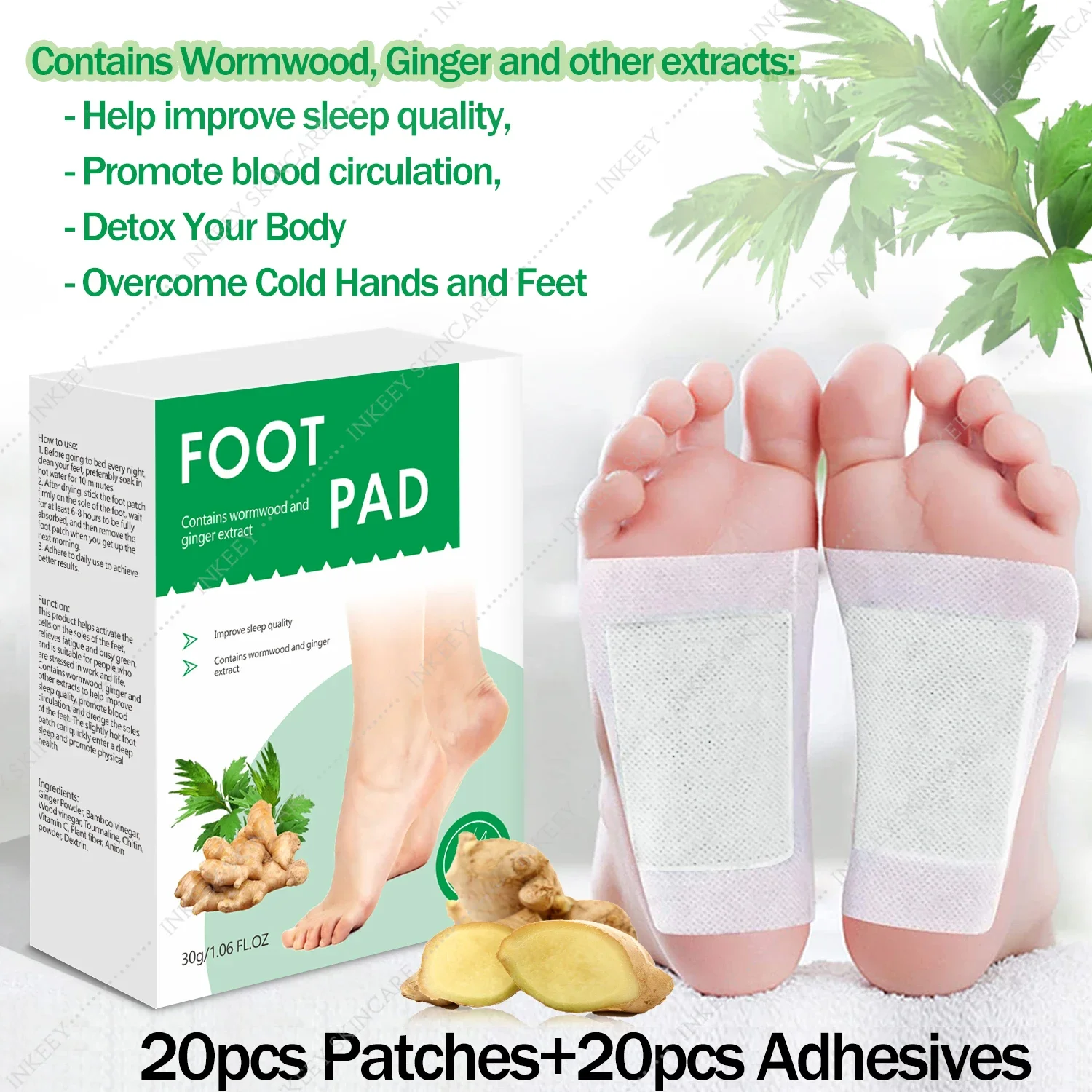 Detox Foot Patch Wormwood Detoxifying Foot Pads Improve Sleep Relieve Stress Fatigue Ginger Foot Patches Remove Odor