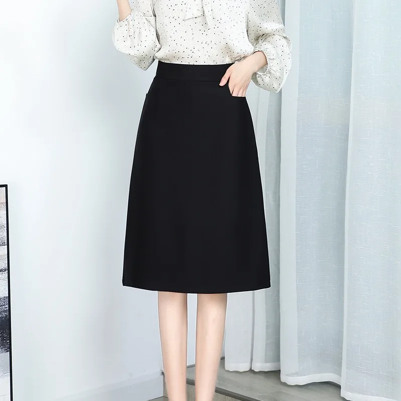 Women's Spring Autumn Black A Line Midi Skirt High Waist Casual Workwear Skirt With Pockets