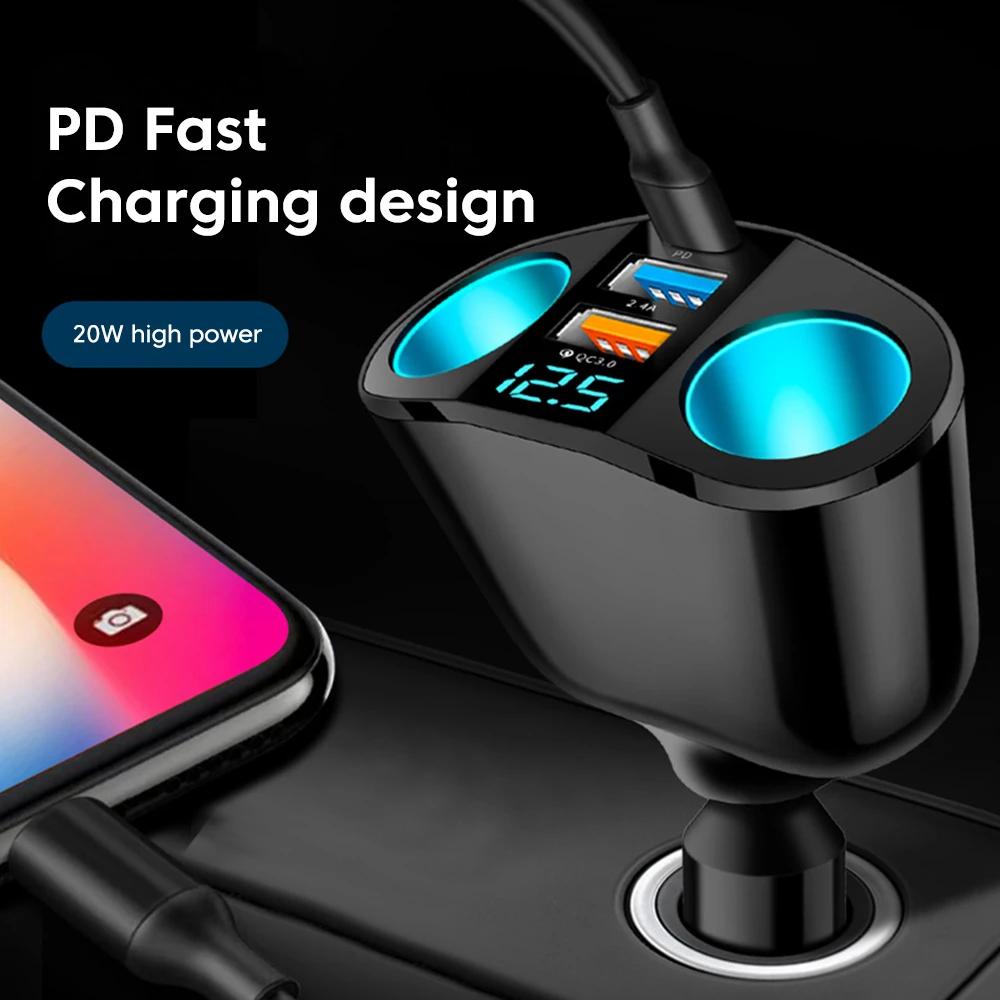 66W Car Charger Dual Car Cigarette Lighter Adapter 2USB+PD With Voltage Display 12/24V Fast Car Charger for Mobile Phone Charger