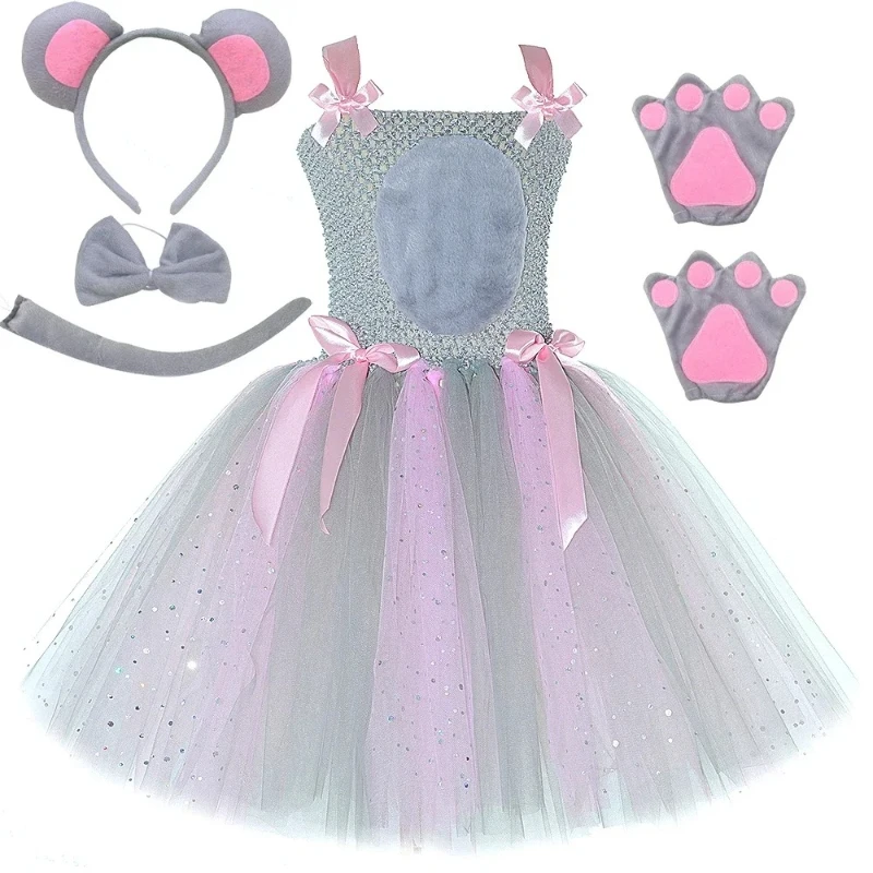 Grey Rat Mouse Costume Kids Halloween Party Animal Dress Up Outfit Toddler Girls Mice Tutu Dress with Ears Tail Tie Nose Gloves
