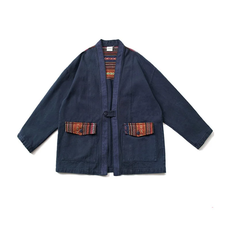 

Мужская и женская рабочая куртка-карго в этническом стиле в стиле ретро, лоскутное пальто, свободная потертая и стираная повседневная синяя куртка Kendo