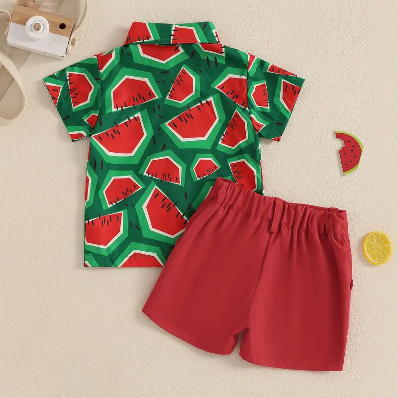 1-4Y Kids Boys Summer Outfits Watermelon Pattern Button Down Turn Down Collar Short Sleeve Shirt with Shorts 2 Pcs Boys Set - Image 6