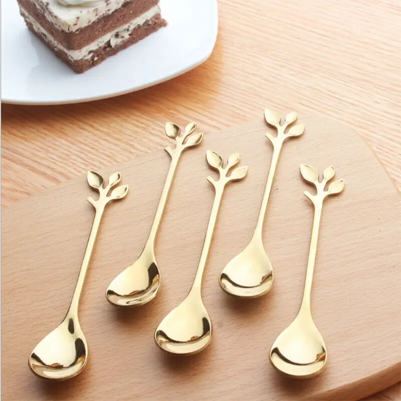 5pcs Stainless Steel Gold Branches Leaf Teaspoons Coffee Spoon Tea Spoon Kitchen Tools Tableware Dessert Gifts Decoration Set