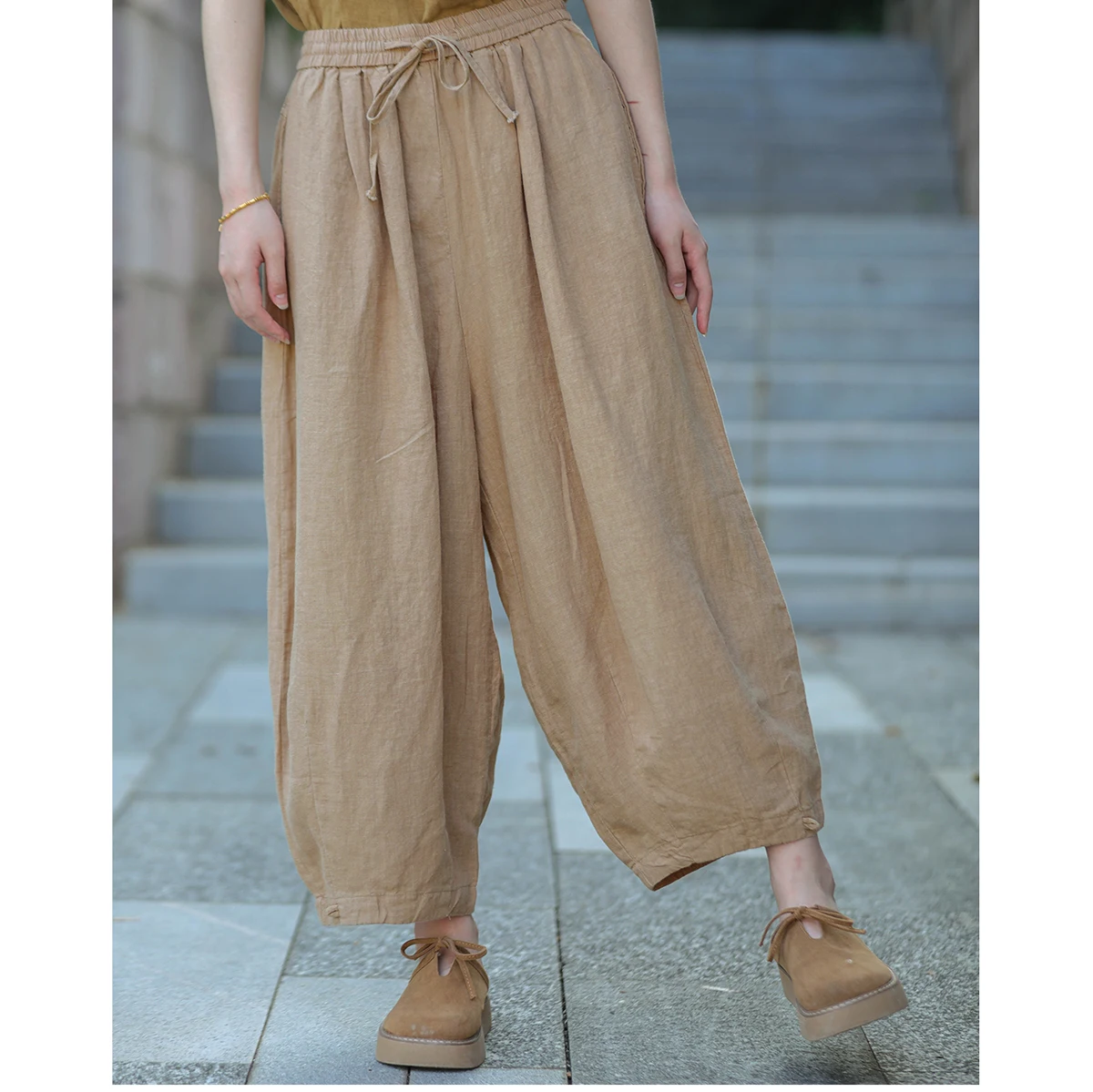 LZJN Spring Autumn Linen Solid Color Cropped Harem Pants They Are Loose Fitting Retro Style Versatile Women's Carrot Cut Pants