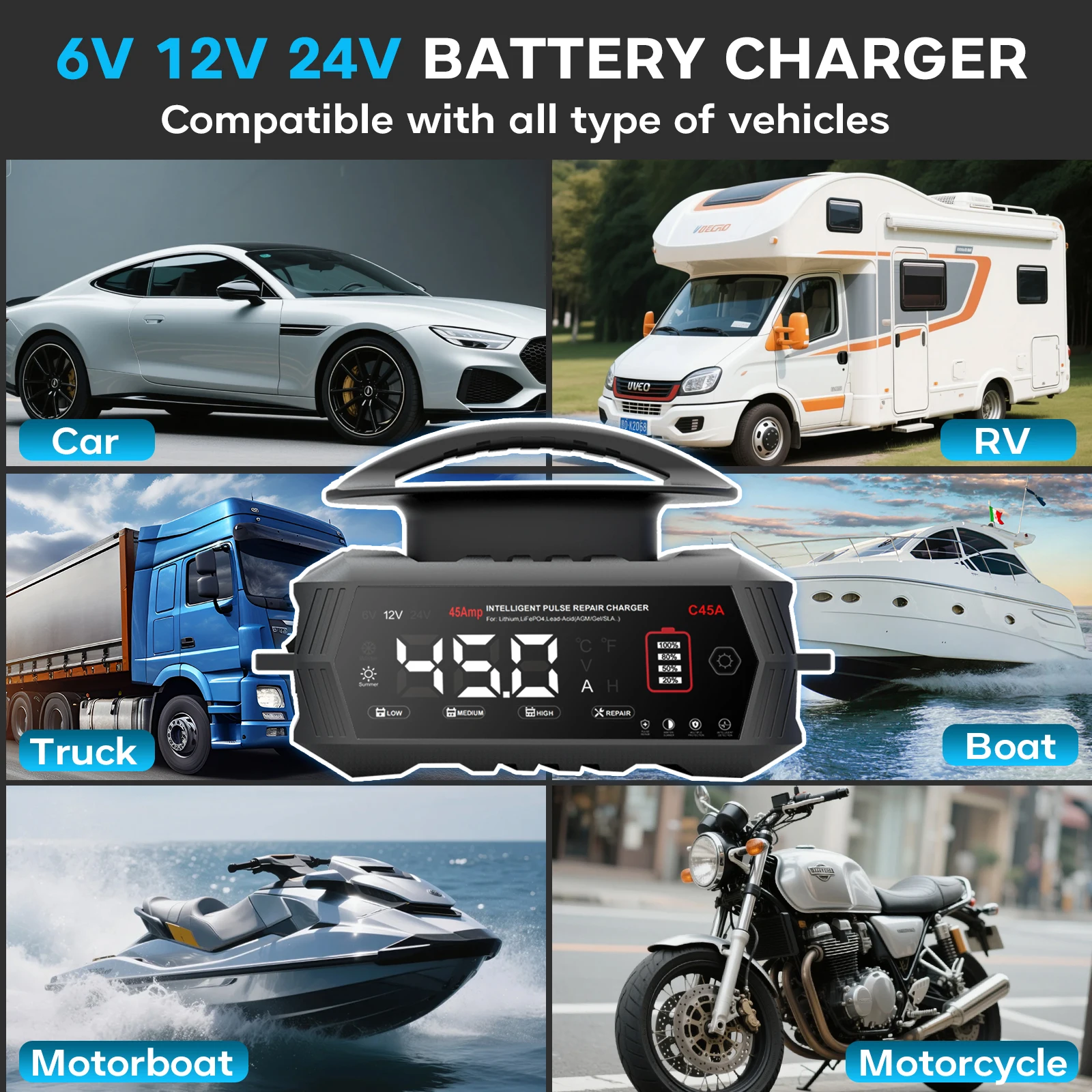 Nová přenosná nabíječka autobaterií 45A 6V/12V/24V pro automobilové motory, lithiové LiFePO4, olověné AGM, mokrá 9stupňová inteligentní nabíječka - náhled 5