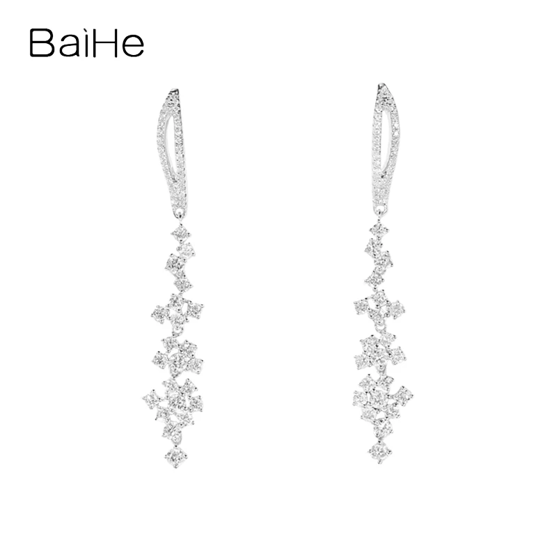 BAIHE Solid 14K White Gold 0.90ct H/SI Natural Diamond LONG Ear Hook Earrings Women Wedding Engagement Trendy Fine Jewelry