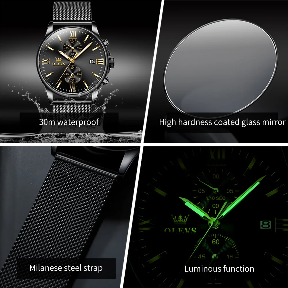 OLEVS New Mens Watches Top Brand Luxury Stainless Steel Waterproof Luminous Chronograph Quartz Watch for Men Relogio Masculino