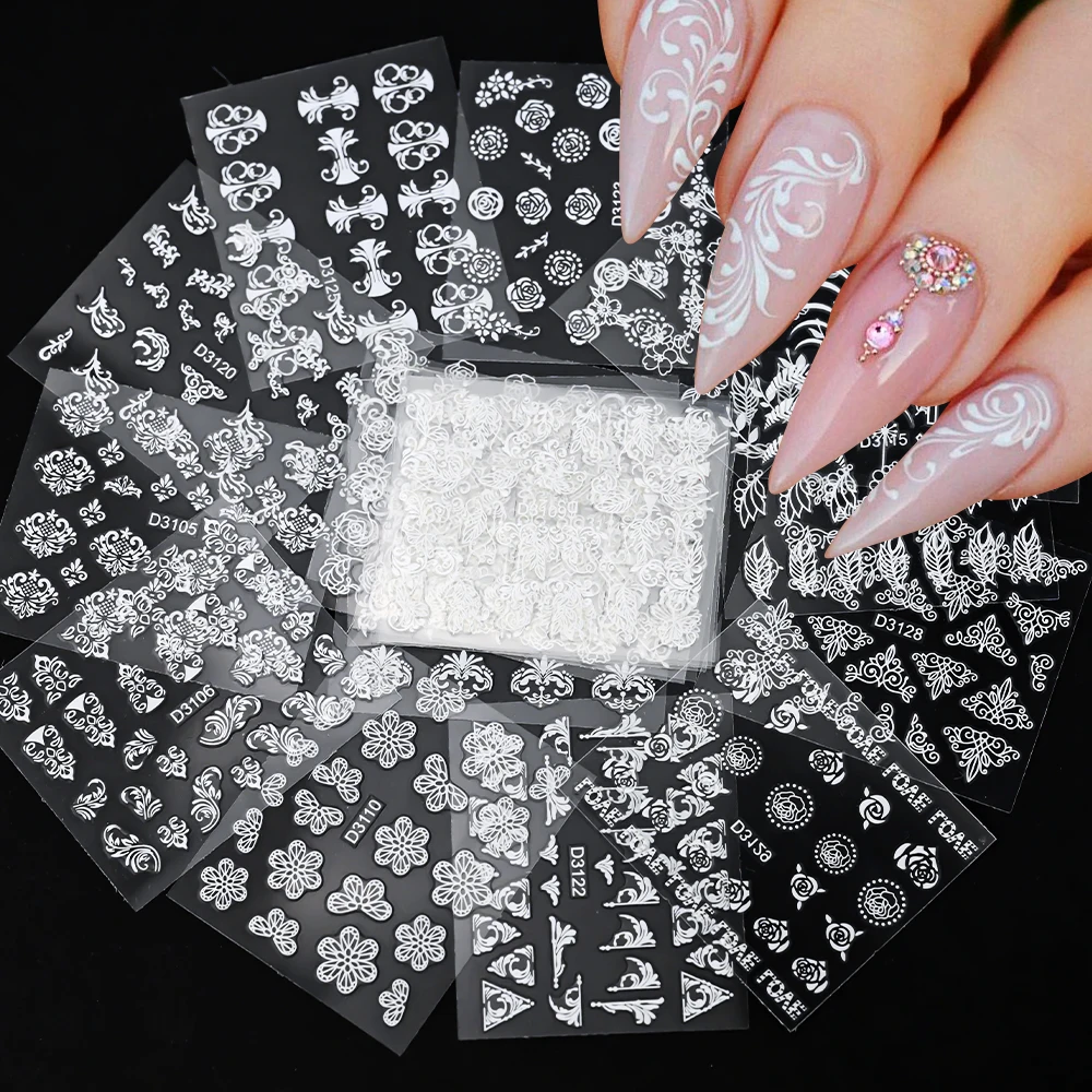30 Uds. De pegatinas 3D para decoración de uñas con flores/hojas/encaje doradas bronceadas, 5,5x6,2 cm, pegatinas geométricas blancas/plateadas/negras para manicura de boda de lujo