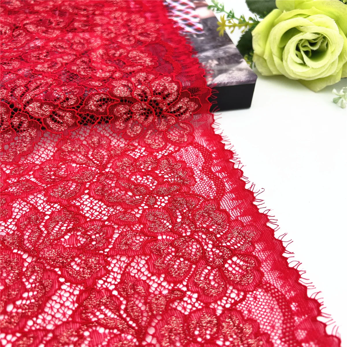 3y/Lot Width 7 5/8 inch (19cm)  Red Golden Foil Elastic Eyelash Lace Trim Lingerie DIY Crafts Sewing Supplies Dress Decoration