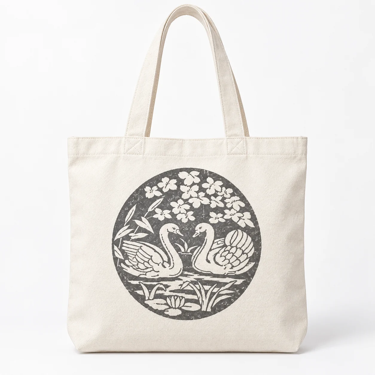 Retro Art Canvas Tote Bag, Vintage Block Print Swans Water Lily Floral Round Pattern Large Capacity Handbag Daily Shopping Bag