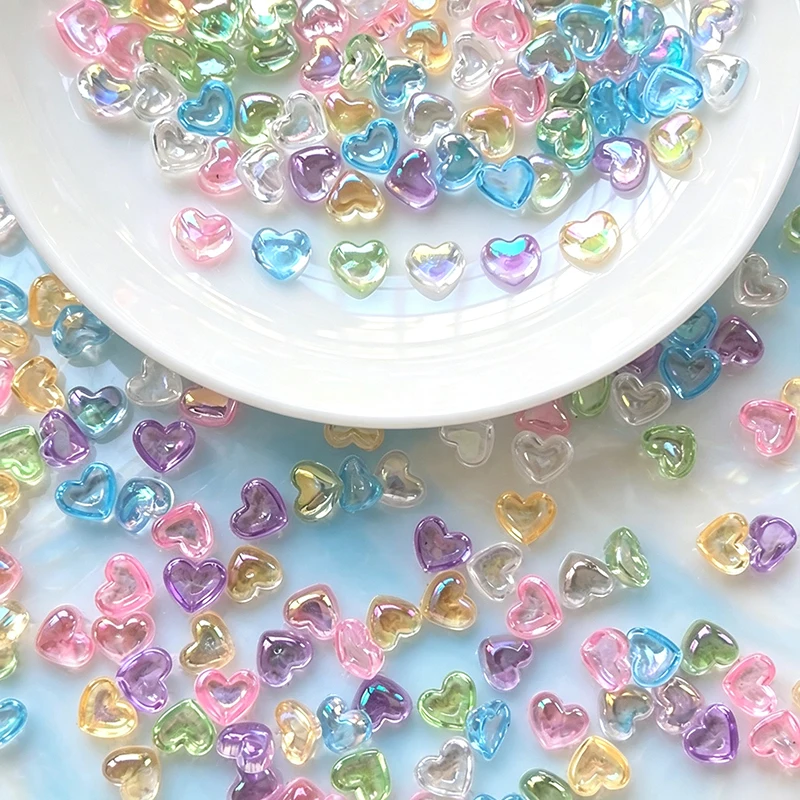 100/200pcs 3D Aurora Mermaid Hearts Nail Rhinestones Shiny Colorful Peach Heart Nail Gems Charms Flatback Heart Nail Decorations