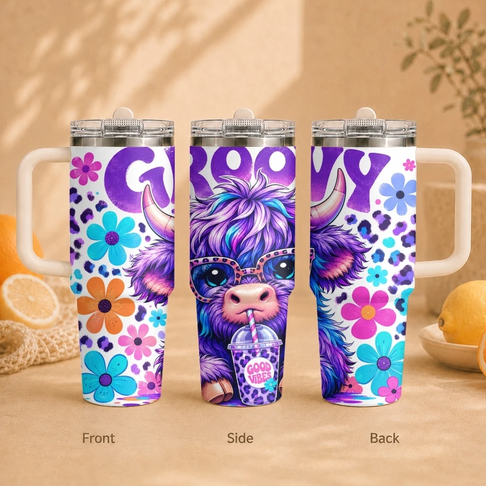 Cool High Mountain Cattle Vacuum Flasks 40oz Vacuum Insulated Travel Mug - Stainless Steel Straw Cup Lid