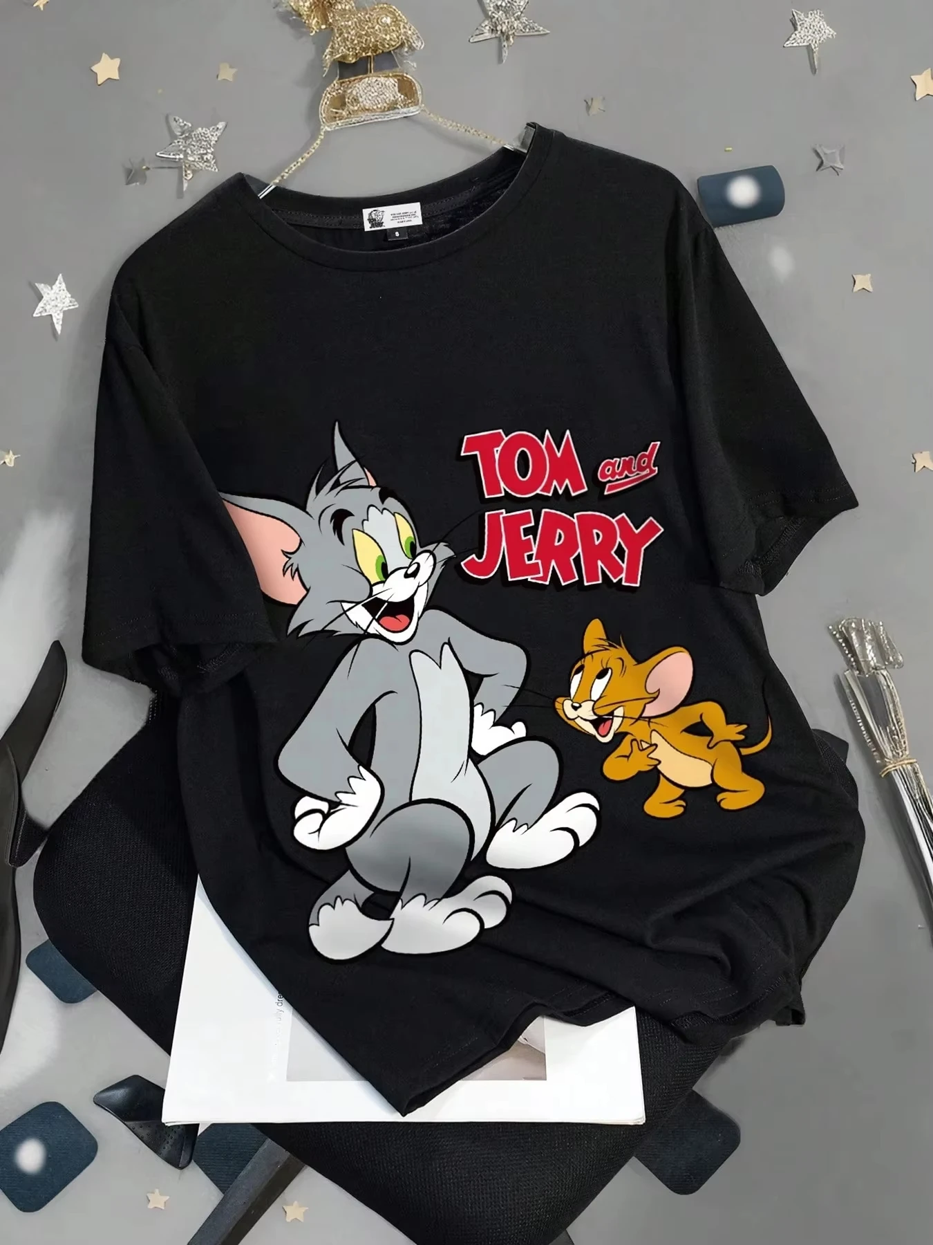 2026 Sommer Comic-Design Tom und Jerry Bild Baumwolle Bedrucktes Oversize Freizeit-T-Shirt für Erwachsene und Kinder, Eltern-Kind-Oberteil, Homewear – Detail 3