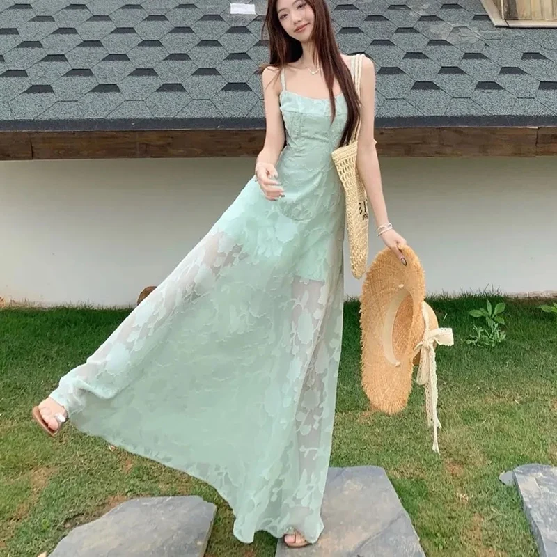 Francuska haftowana sukienka na ramiączkach damska plaża Spaghetti pasek głęboki dekolt sukienka Maxi kobieta Temperament linia A sukienka bez rękawów Mujer