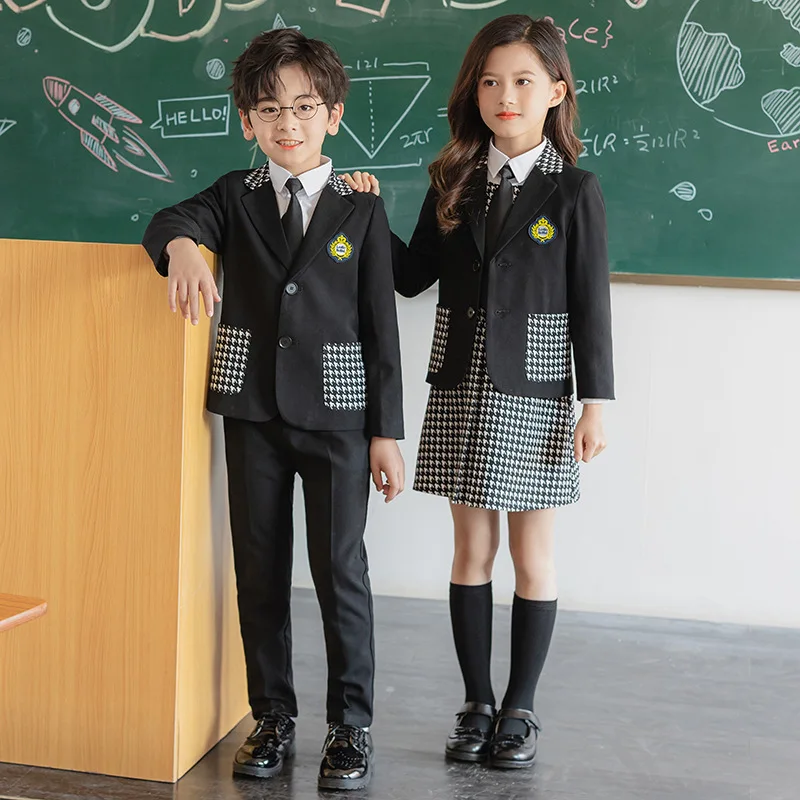 

Child British Chorus School Uniform Clothes Spring Autumn Boys Girls Dress Performance Costume Kids Houndstooth Blazer Pants