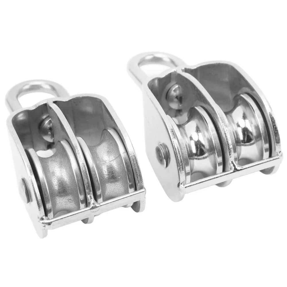 2pcs M32 Double Pulley Block 304 Stainless Steel 360 Degree Rotation Roller Wheel Pulley Swivel Hook Pulley Lifting Crane