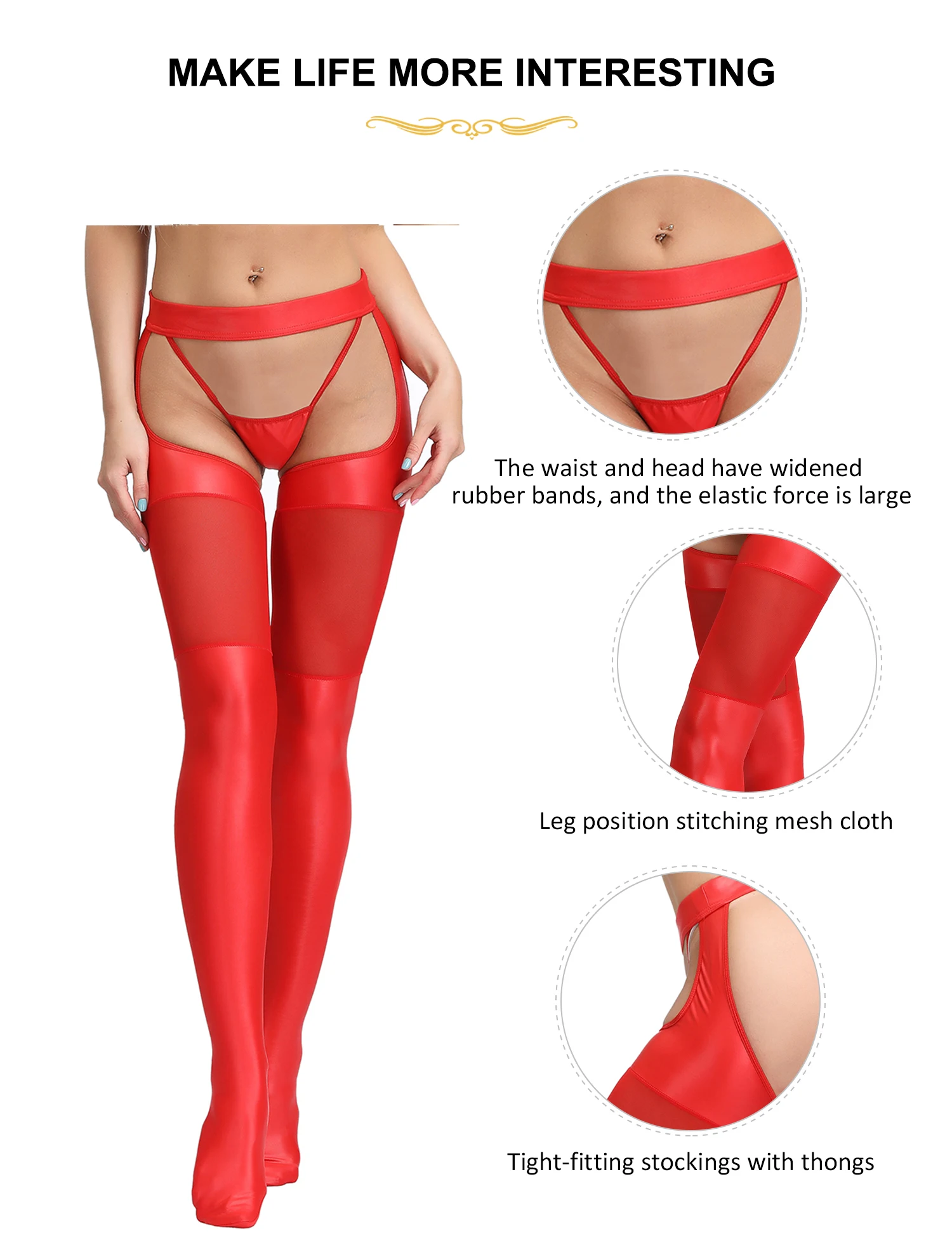 Ohyeahlady Women's Sexy Hosiery Solid Red Leather High Waist Crotchless Stocking Pantyhose Garter Belt Stretch Tights with Panty