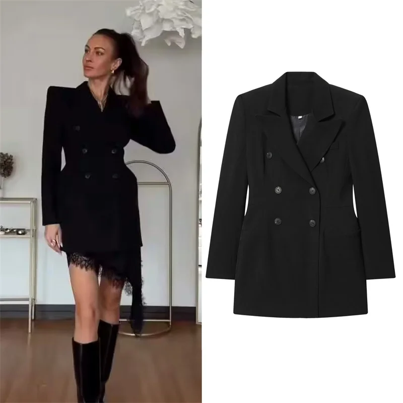 

2025 женское пальто, осенний новый стиль, черный двубортный пиджак с длинными рукавами, модный и сексуальный пиджак для поездок на работу