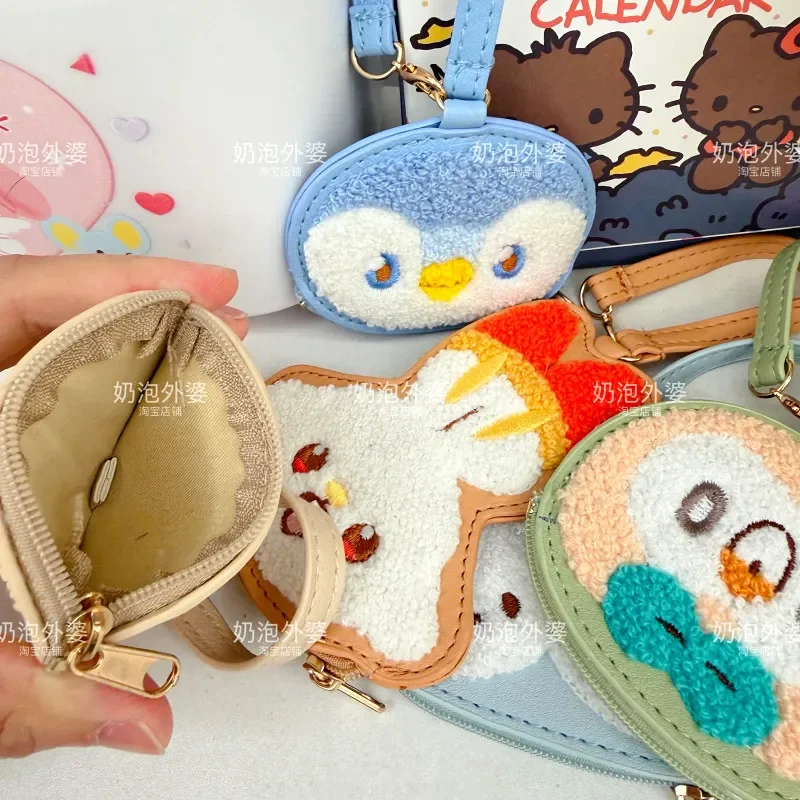 Pokepeace Chenille Coin Purse Pikachu Piplup Rowlet Scorbunny Tandemaus PU Leather Wrist Strap Zipper Pouch for Fans Gift