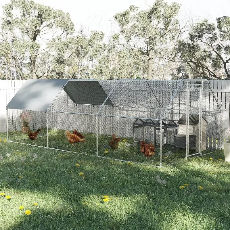 

Large Chicken Coop Metal Chicken Run with Waterproof and Anti-UV Cover, Flat Shaped Walk-in Fence Cage Hen House for Outdoor