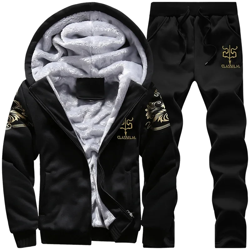 Autumn Winter Men's Sports Sets Casual Hooded Cardigan Jacket Outdoor Thick Warm Tracksuit Men Zip Up Hoodie+Pants Two-piece Set
