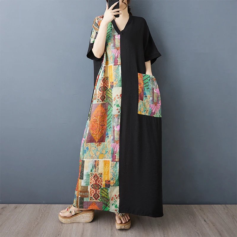 

Большой размер Очень большой хлопок и лен Тонкий ort Sve V-Ne Color Blo Long Dr с эффектом похудения Повседневное летнее платье