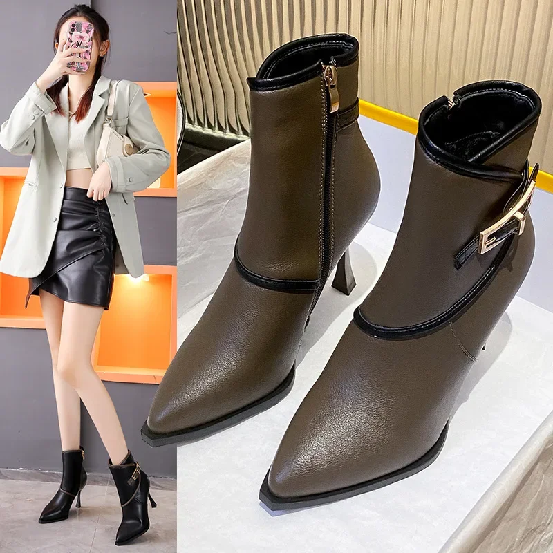 Fashion Autumn Short Women Ankle Boots Fashion Pointed Toe Ladies Elegant Side Zipper Chelsea Pumps Shoes High Heel Short Boots