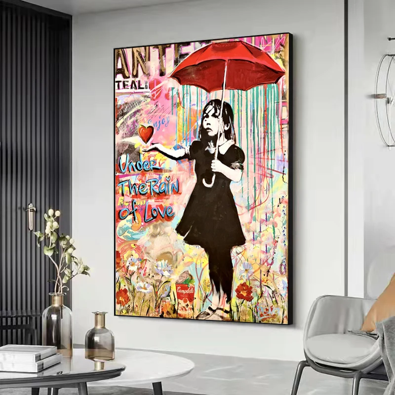 

Banksy Street Graffiti Graffiti Art Girl With Red Umbrella Canvas Painting Poster Prints Wall Picture for Living Room Home Decor