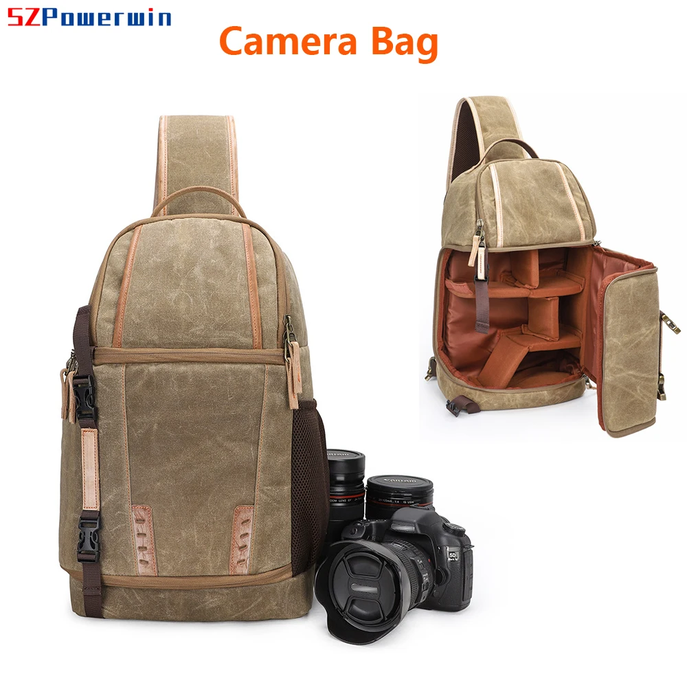 Powerwin DSLR Camera Backpack Waterproof Waxed Canvas Lightweight Leather Trim for Lens and Chargers