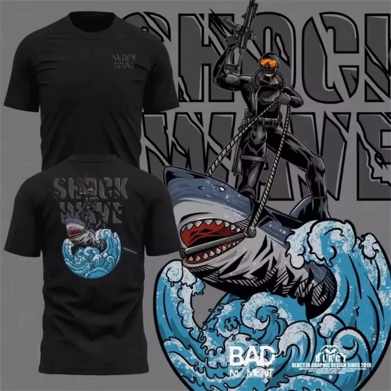 2026 new Diver‑Shark‑Ocean‑Graphic Double‑Sided High‑Quality Casual Short‑Sleeve T‑Shirt