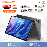 Teclast T60 12 inch tablet Android 14 2000x1200 T620 8 Core CPU Max 20GB RAM 256GB ROM 4G LTE type C 8000mAh Widevine L1