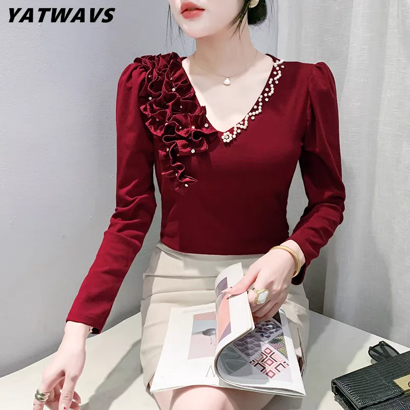 2024 European Clothes Women Long Sleeve T-shirt Chic Sexy V-Neck Beading Tops Autumn Ruffle Hot Diamonds Tees Cotton Shirts